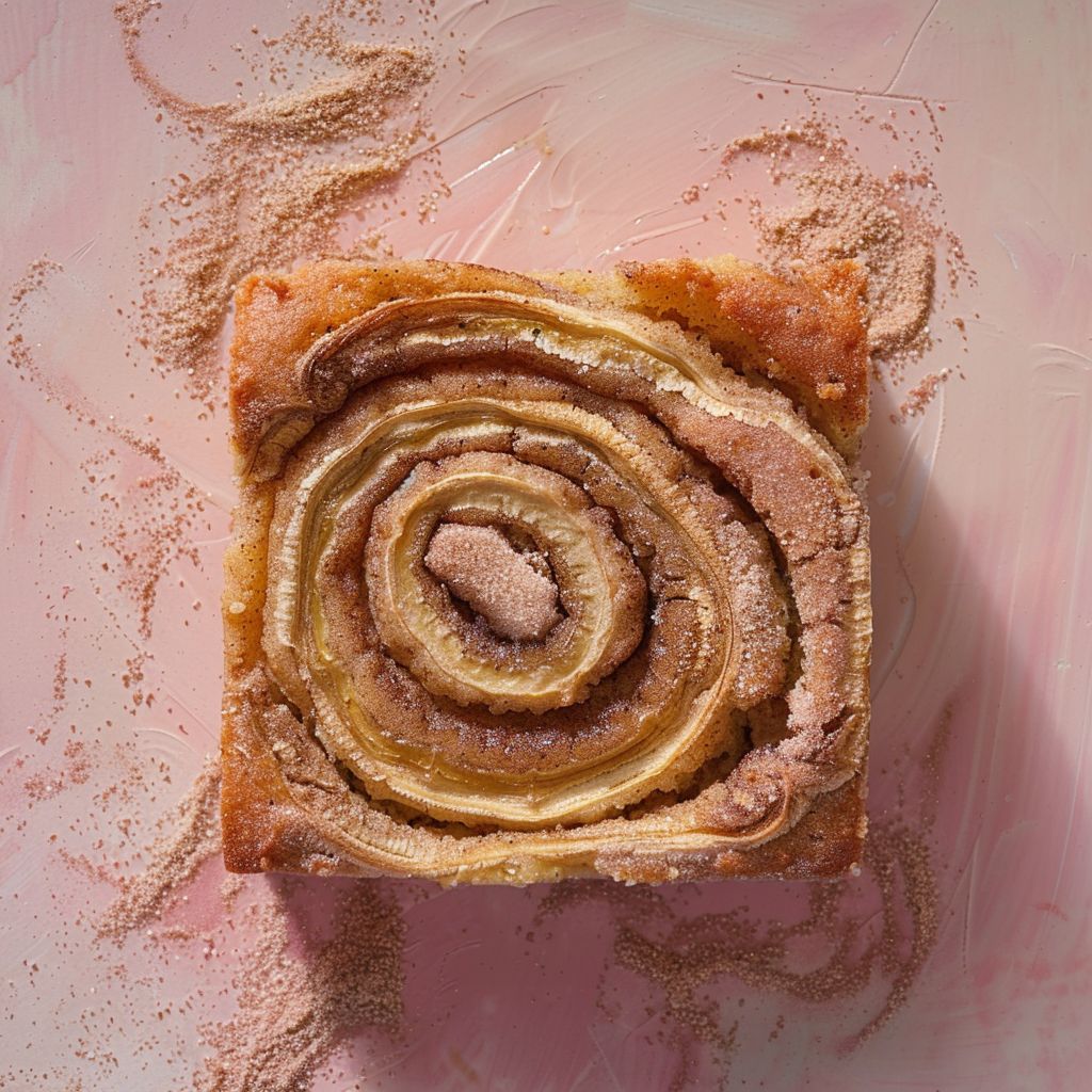Close-up of a slice of cinnamon swirl banana bread on a pale pink surface.