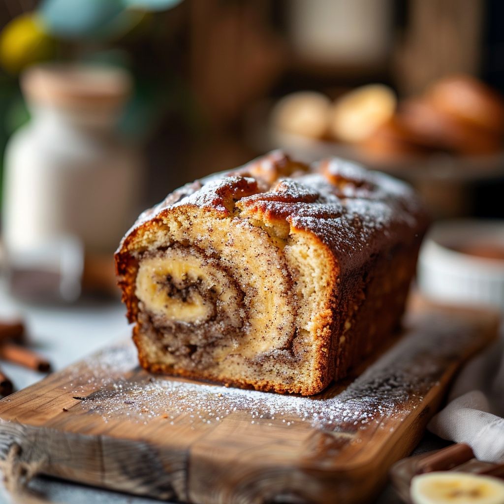 A slice of cinnamon swirl banana bread on a light wooden board, illuminated by natural light.