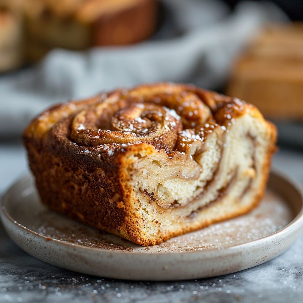 A close-up of a slice of cinnamon swirl banana bread on a light grey plate, showcasing its texture and rich colors.