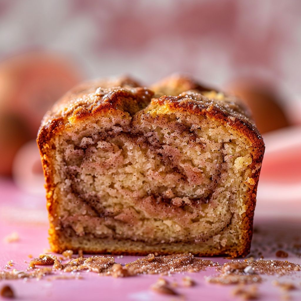 Close-up of a slice of cinnamon swirl banana bread on a pale pink surface.
