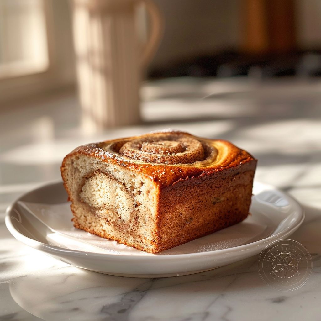 A slice of cinnamon swirl banana bread displayed on a white marble countertop with natural light.