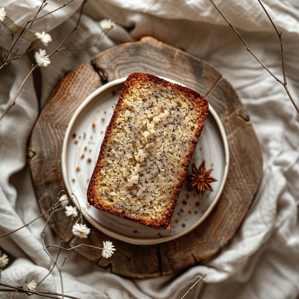 A perfectly sliced piece of banana bread made from cake mix, displayed on a light-washed wooden board with natural light highlighting its texture.