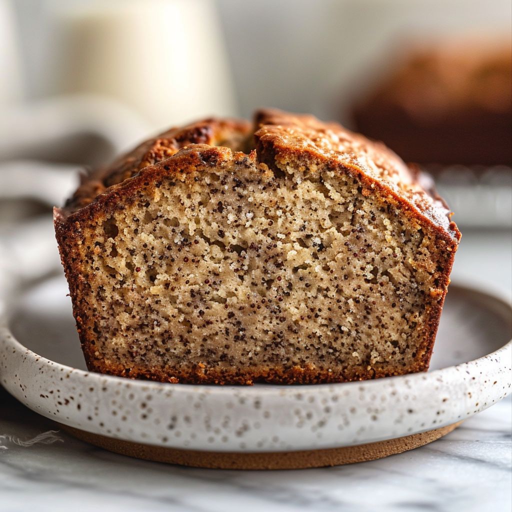 Close-up of a slice of gluten-free banana bread on a light grey plate.