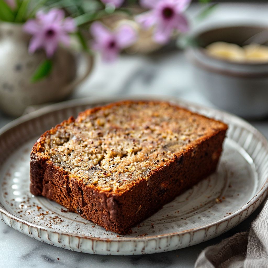 A perfectly sliced piece of gluten-free banana bread on a light grey plate, with bright natural light illuminating the scene.