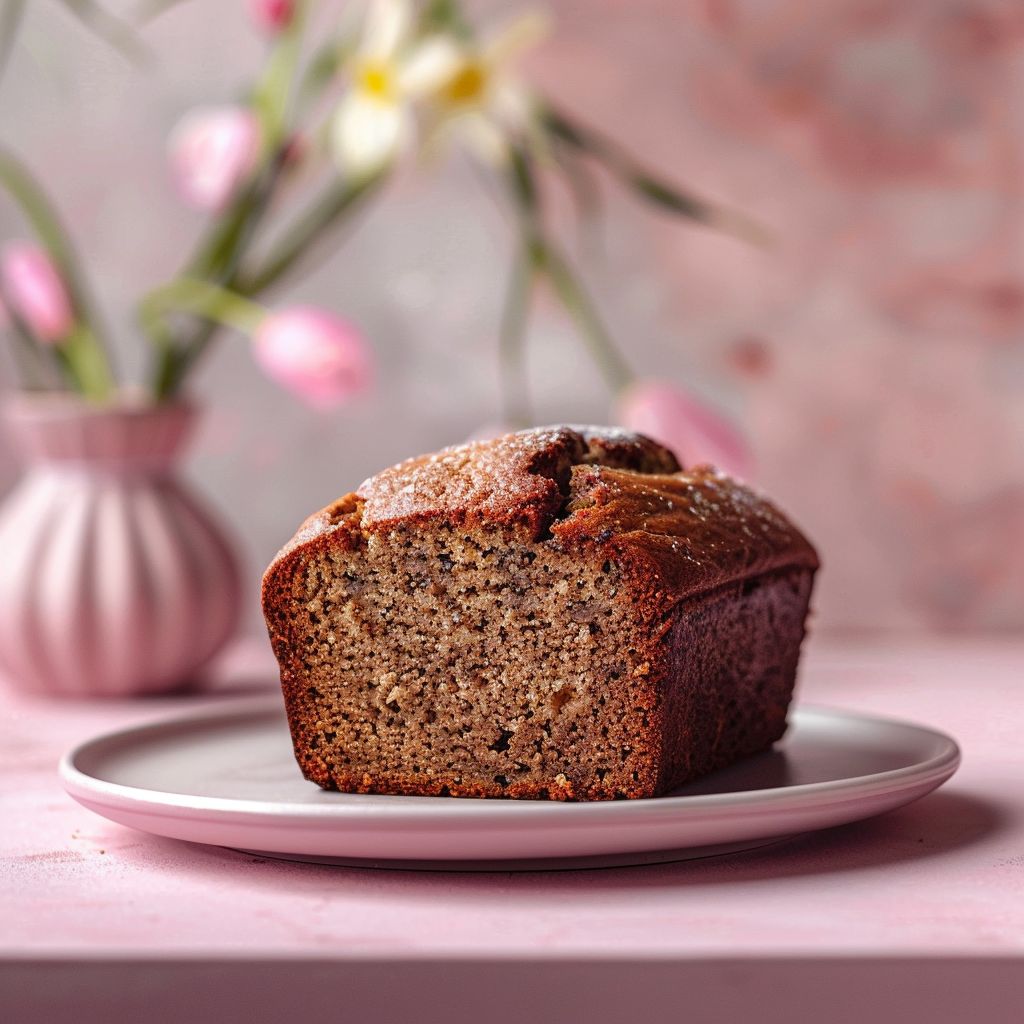 A slice of gluten-free banana bread on a pale pink surface with natural light.