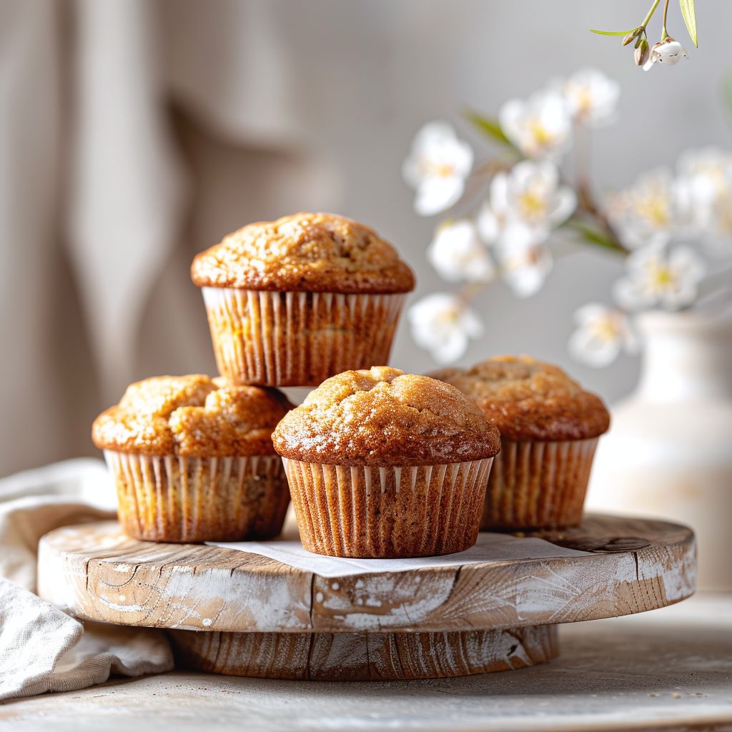 A close-up view of cinnamon banana bread muffins on a light wooden board.