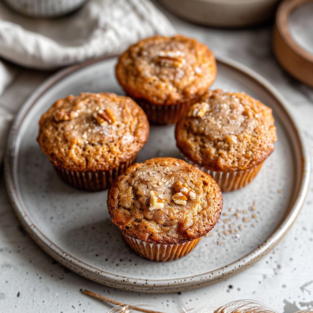 Top-down view of cinnamon banana bread muffins on a grey plate with soft lighting.