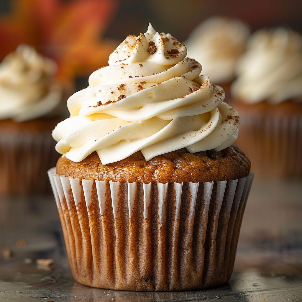 Close-up of a beautifully decorated pumpkin cupcake with cream cheese frosting.