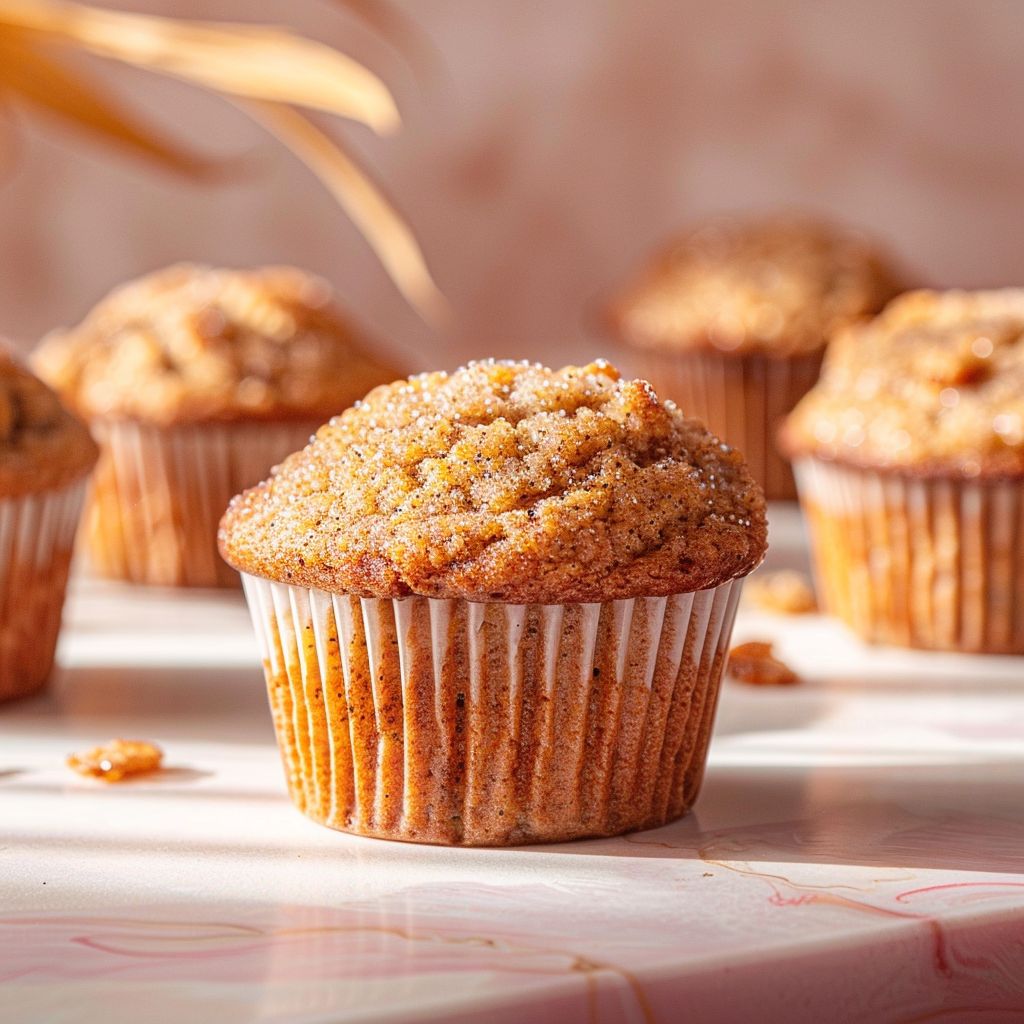 A close-up view of cinnamon banana bread muffins arranged on a pale pink surface.