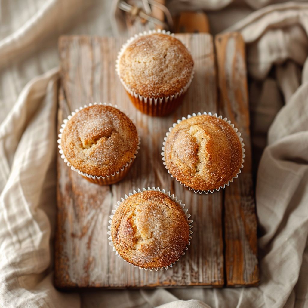 Top-down view of cinnamon banana bread muffins on a light wooden board.