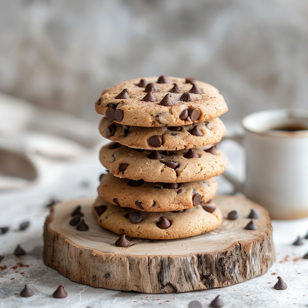 A top-down view of a stack of healthy banana bread chocolate chip cookies on a light wooden board.