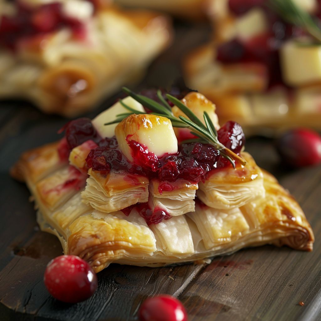 Close-up of golden-brown cranberry brie bites on a rustic wooden table.