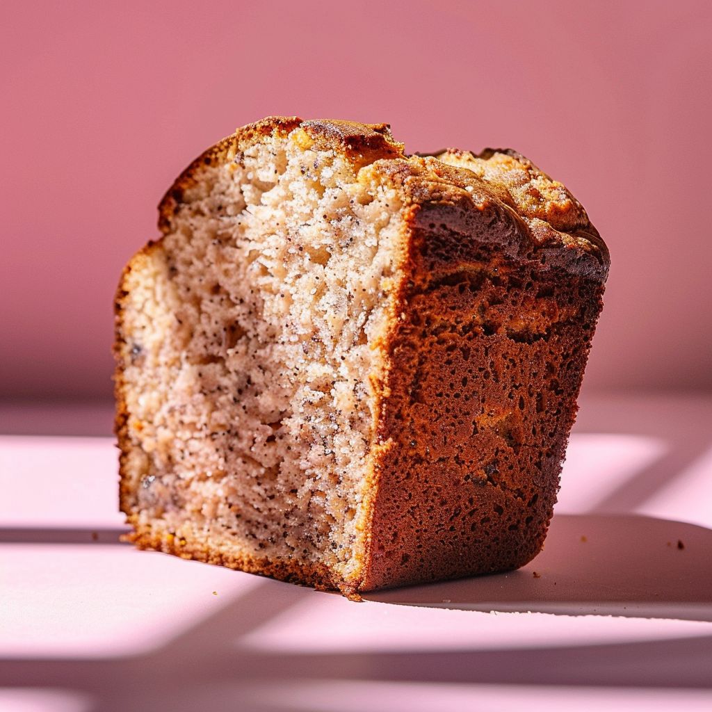 A close-up slice of banana bread on a pale pink surface, showcasing its moist texture and banana chunks.