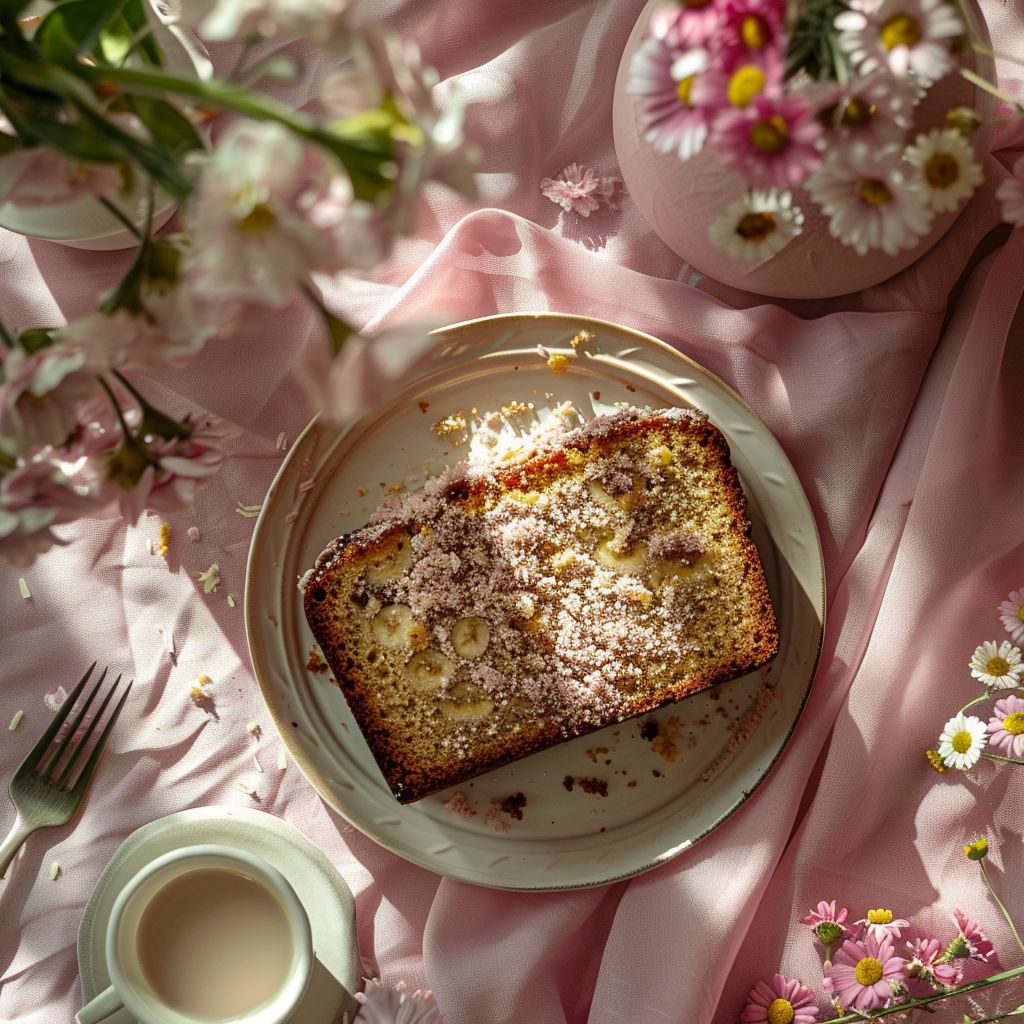 A perfectly sliced banana bread made with cake mix and pudding, displayed on a pale pink surface.