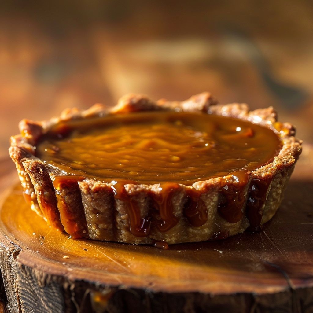 A close-up shot of pumpkin spice caramel tarts with a golden crust and drizzled caramel.