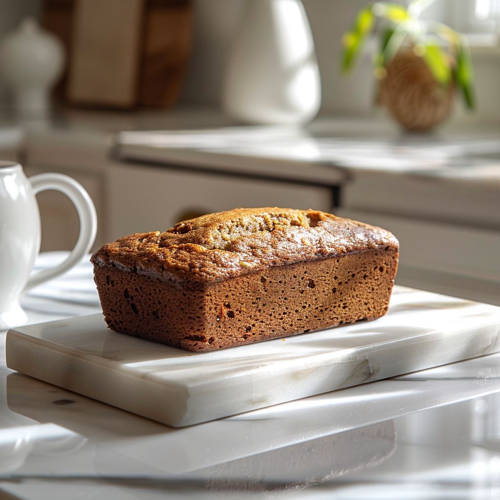 A slice of cinnamon nutmeg banana bread on a white marble countertop, bathed in soft natural light.
