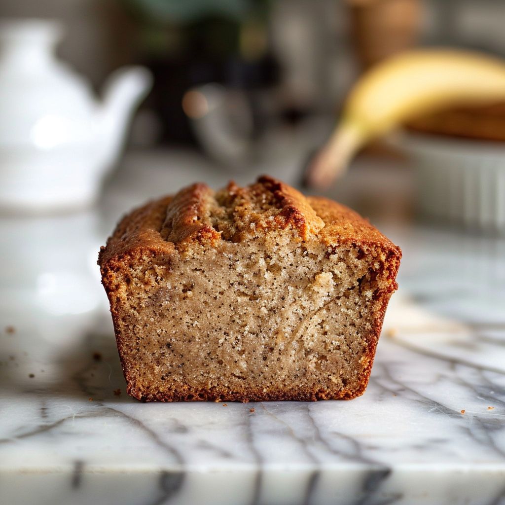 Close-up of a slice of moist banana bread on a white marble countertop.