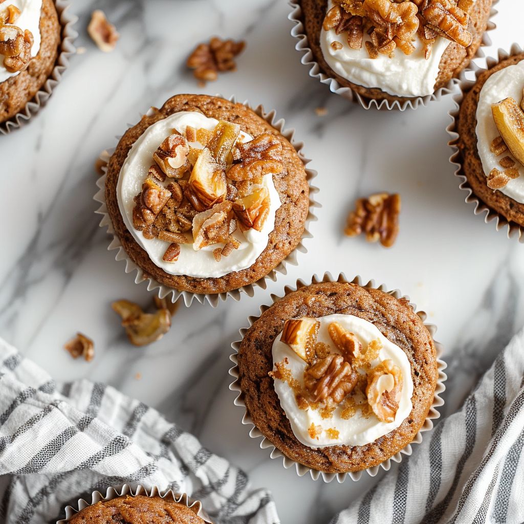 Top-down view of muffins with cream cheese on a marble countertop.