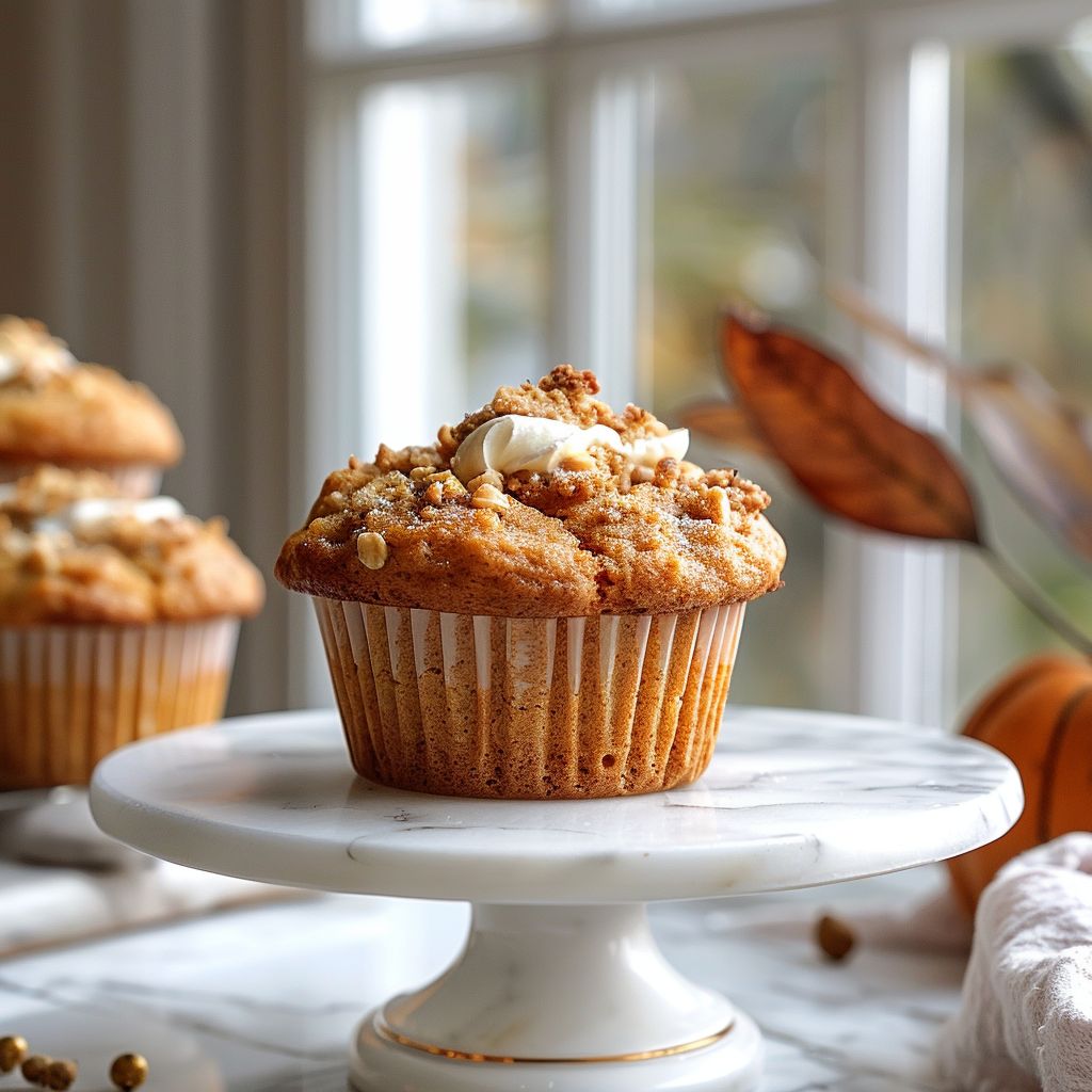 A close-up view of pumpkin banana bread muffins topped with cream cheese on a white marble countertop.