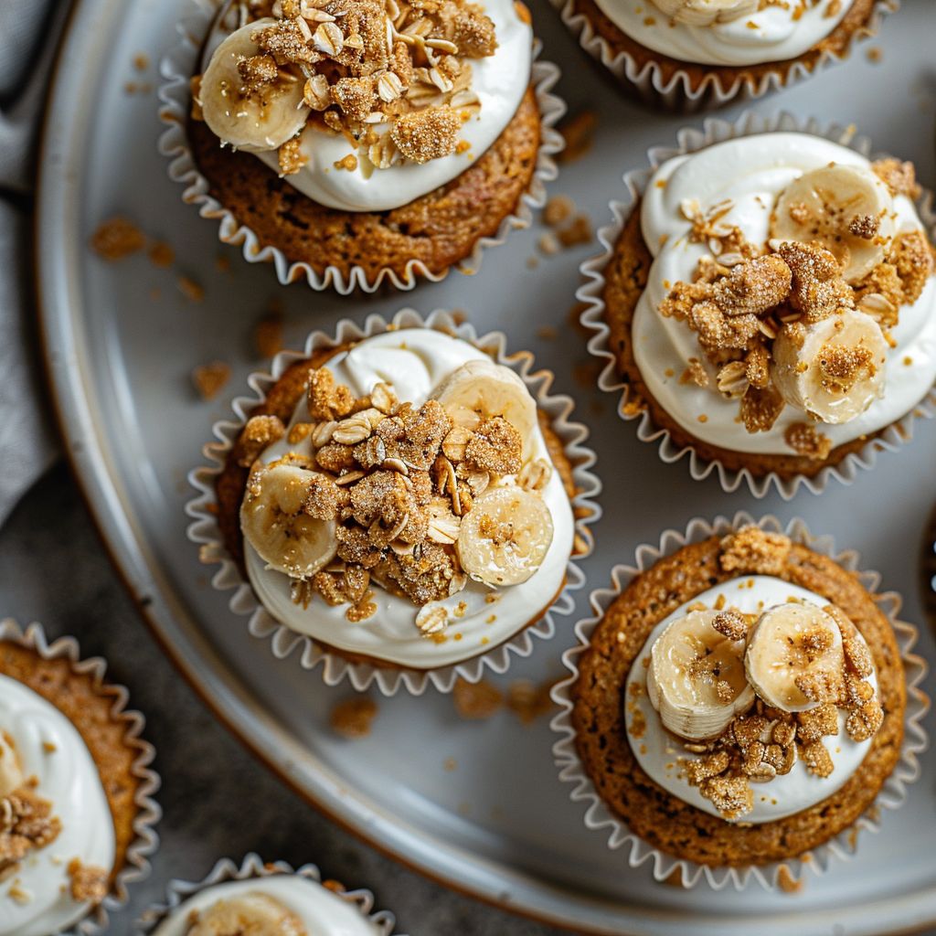 Flatlay of pumpkin banana bread muffins with cream cheese on a light grey plate.