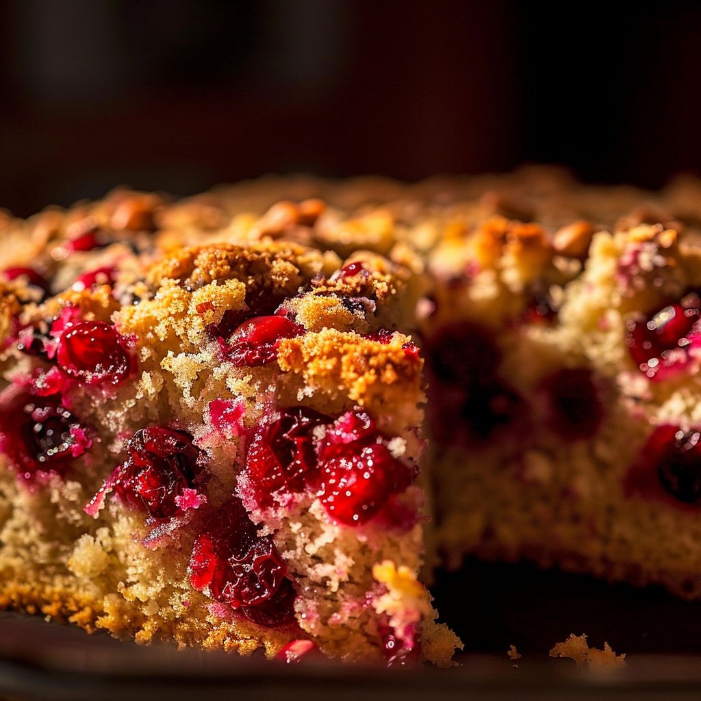 Close-up of a Cranberry Coffee Cake with textured surface, illuminated by warm natural light.