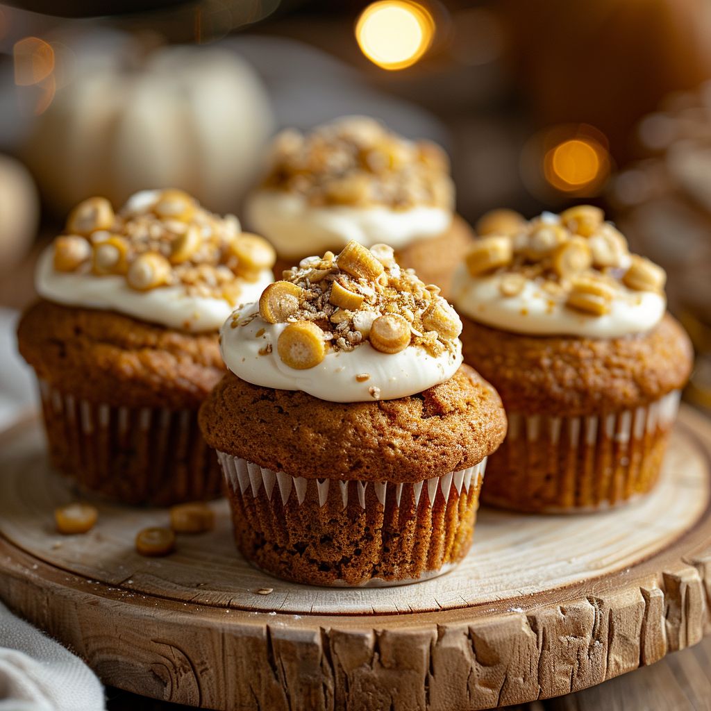 A close-up view of rich pumpkin banana bread muffins topped with cream cheese on a wooden board.