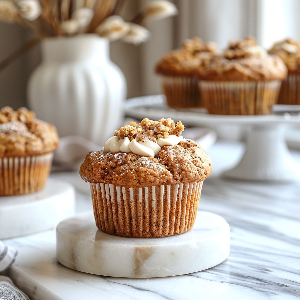 A close-up shot of rich pumpkin banana bread muffins topped with cream cheese on a white marble countertop.