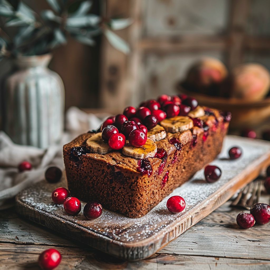 A slice of orange cranberry banana bread on a light wooden board.