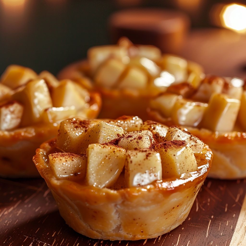 Close-up of mini apple pies with golden crusts and apple filling, softly illuminated by natural light.