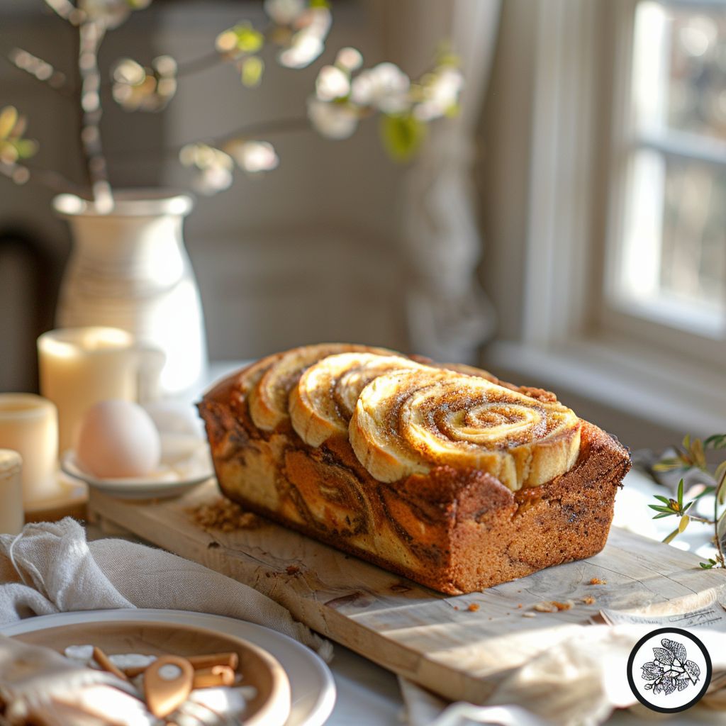 A slice of cream cheese cinnamon swirl banana bread on a light wooden board, elegantly styled.