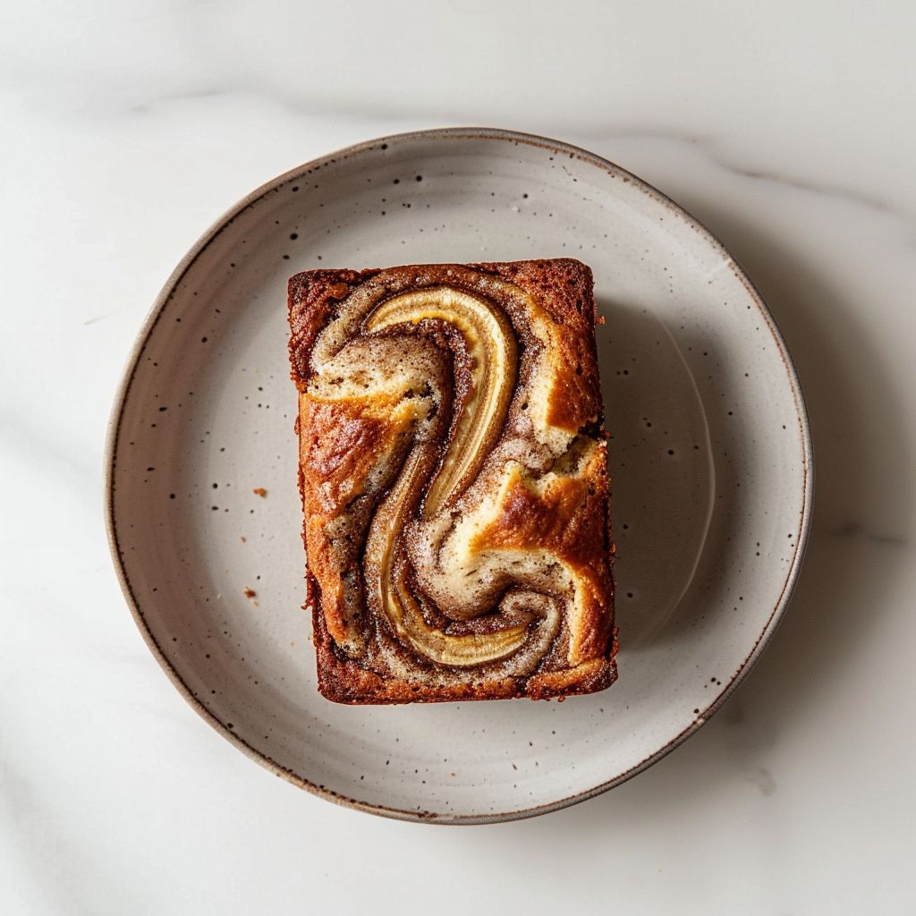 A top-down view of a slice of cinnamon swirl banana bread on a light grey plate.