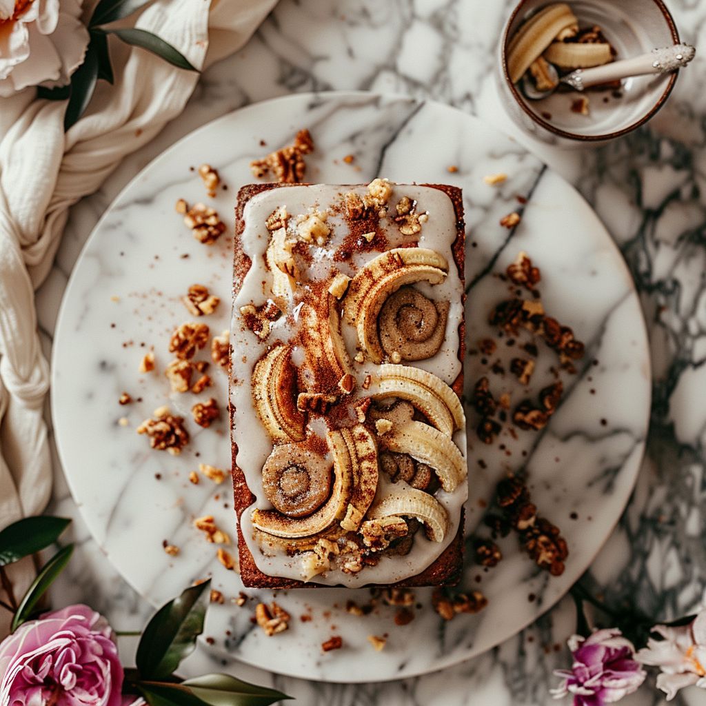 Top-down view of a slice of cinnamon swirl banana bread topped with sweet icing on a marble countertop.