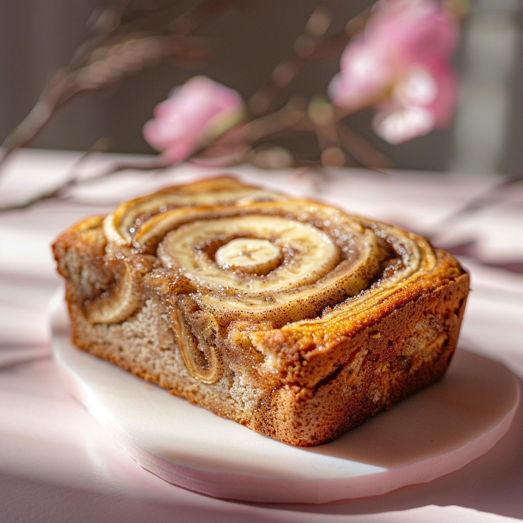 A slice of cinnamon swirl banana bread on a pale pink surface, illuminated by natural light.