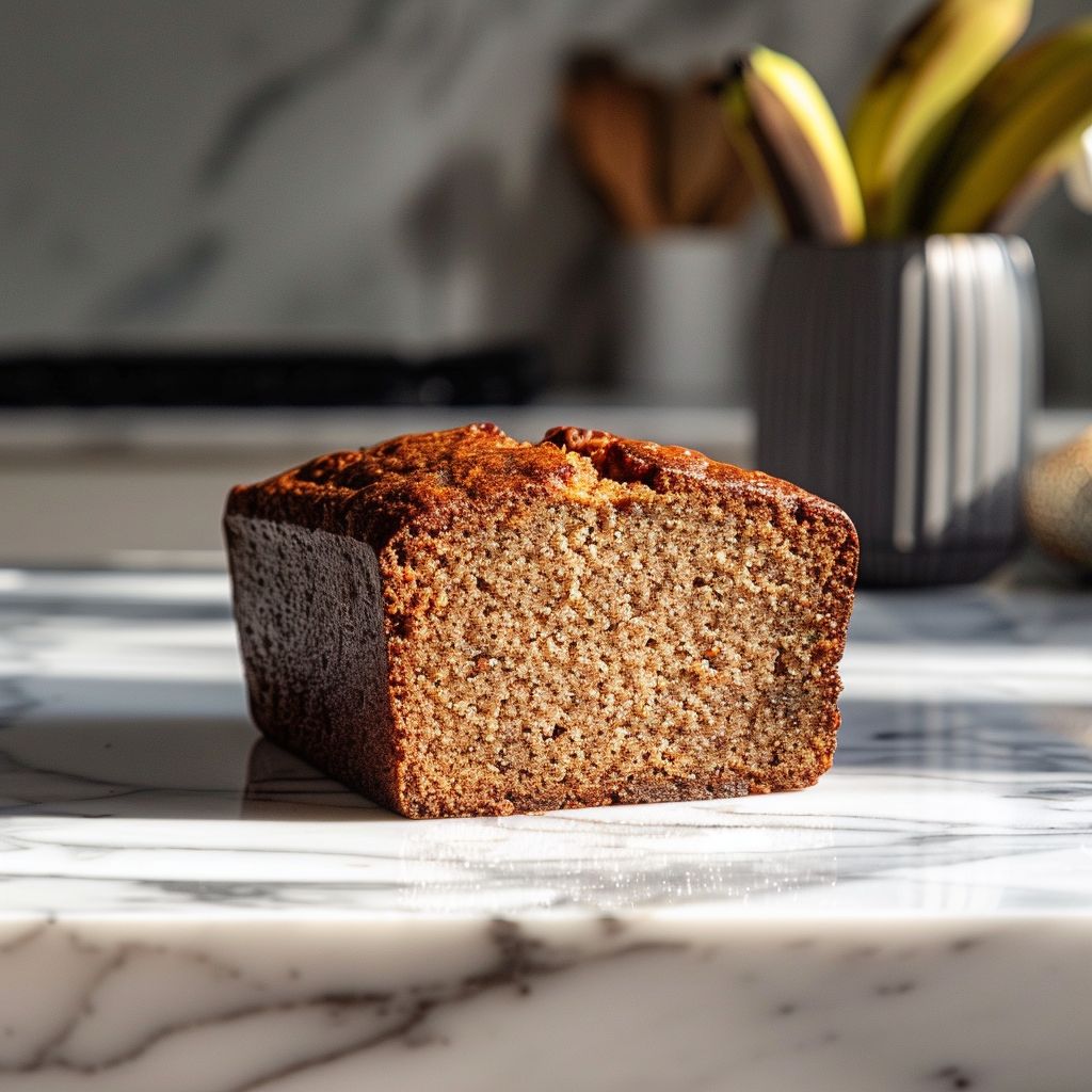 A close-up view of a cinnamon banana bread loaf on a white marble countertop, illuminated by natural light.