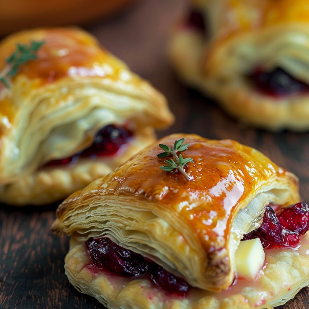 Close-up of baked puff pastry bites filled with Brie cheese and cranberry sauce.