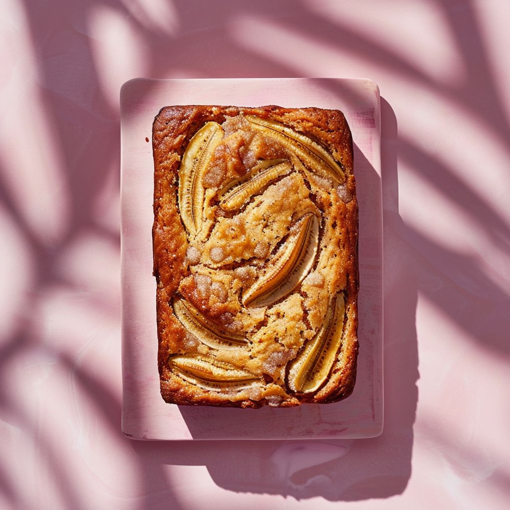 A top-down view of a slice of cinnamon banana bread loaf on a pale pink surface, surrounded by soft lighting.