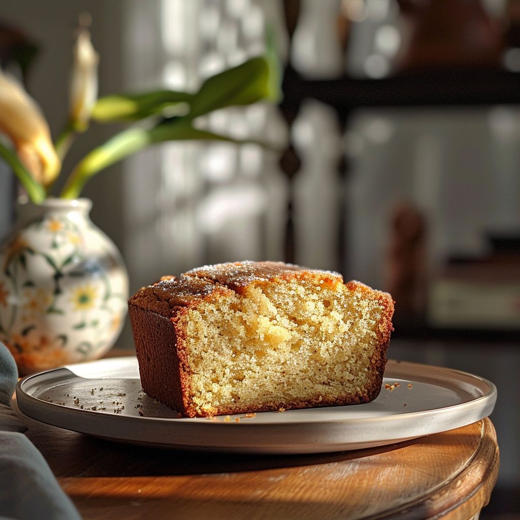 A perfectly sliced piece of banana bread made from yellow cake mix, presented on a light grey ceramic plate.