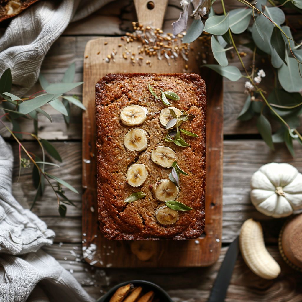 Top-down view of vegan pumpkin banana bread on a light-washed wooden board, featuring soft natural light and minimal shadows.