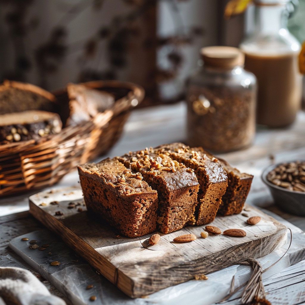 A slice of vegan pumpkin banana bread on a wooden board, showcasing its moist texture and spices.