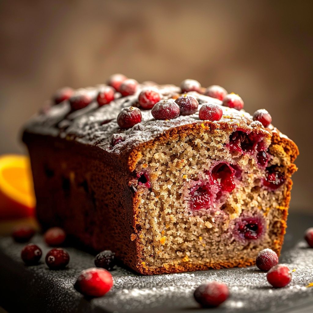 A close-up of a Cranberry Orange Loaf showcasing its golden crust and vibrant cranberries.
