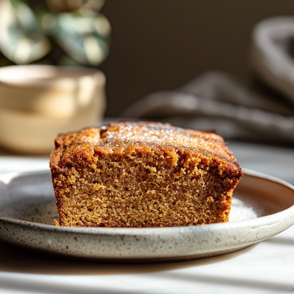 A close-up of a slice of vegan pumpkin banana bread on a light grey plate, with a soft blurred background.