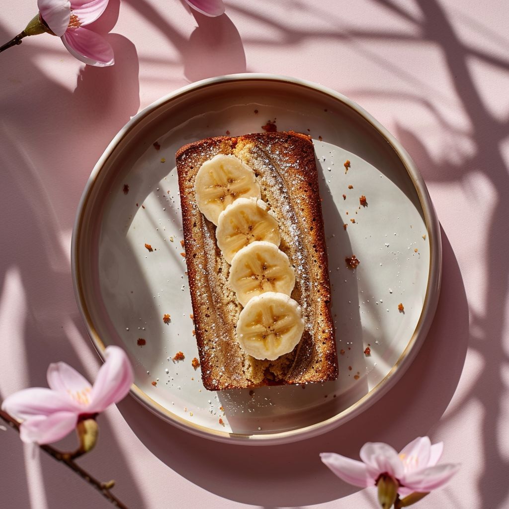 A slice of banana bread made from cake mix displayed on a pale pink surface, with bright natural light illuminating the scene.