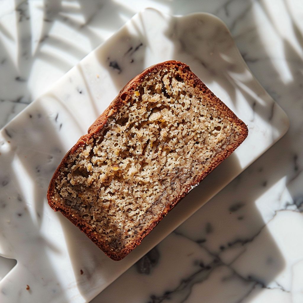 A perfectly sliced banana bread made from cake mix, elegantly placed on a white marble countertop.