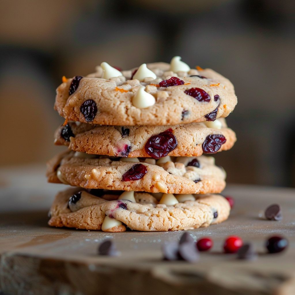 Close-up view of freshly baked white chocolate cranberry cookies, showcasing texture and vibrant cranberries.