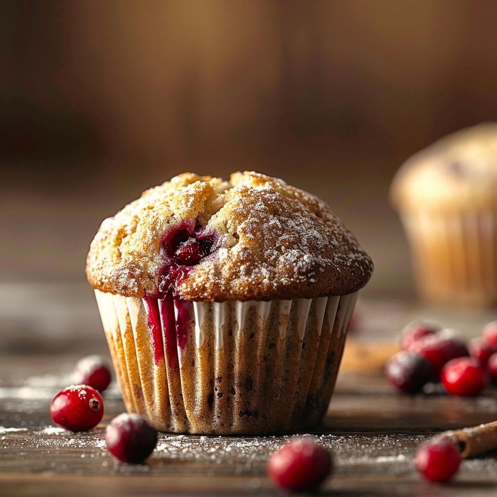 A close-up of freshly baked cranberry muffins with a golden-brown top, displayed on a rustic wooden surface.