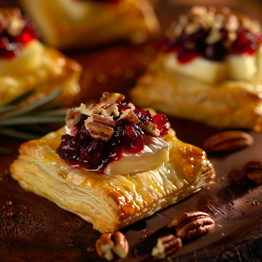 Close-up of Cranberry Brie Bites on a wooden board, showcasing flaky pastry and cranberry sauce.