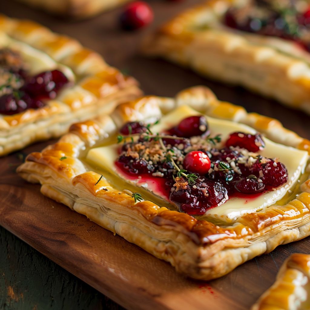 A close-up of savory cranberry and brie tartlets on a wooden board, featuring a golden puff pastry crust.