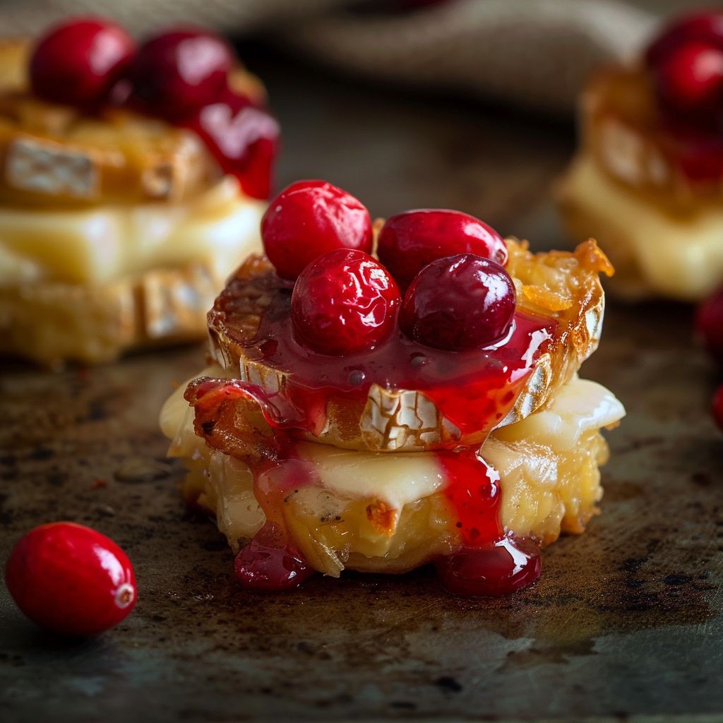 Close-up of Air Fryer Cranberry Brie Bites with a golden crust and glistening cranberry topping.