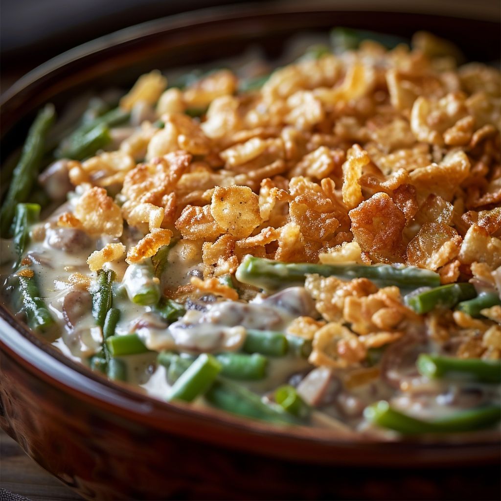 Close-up of a steaming Greenbean Casserole topped with crispy onions.