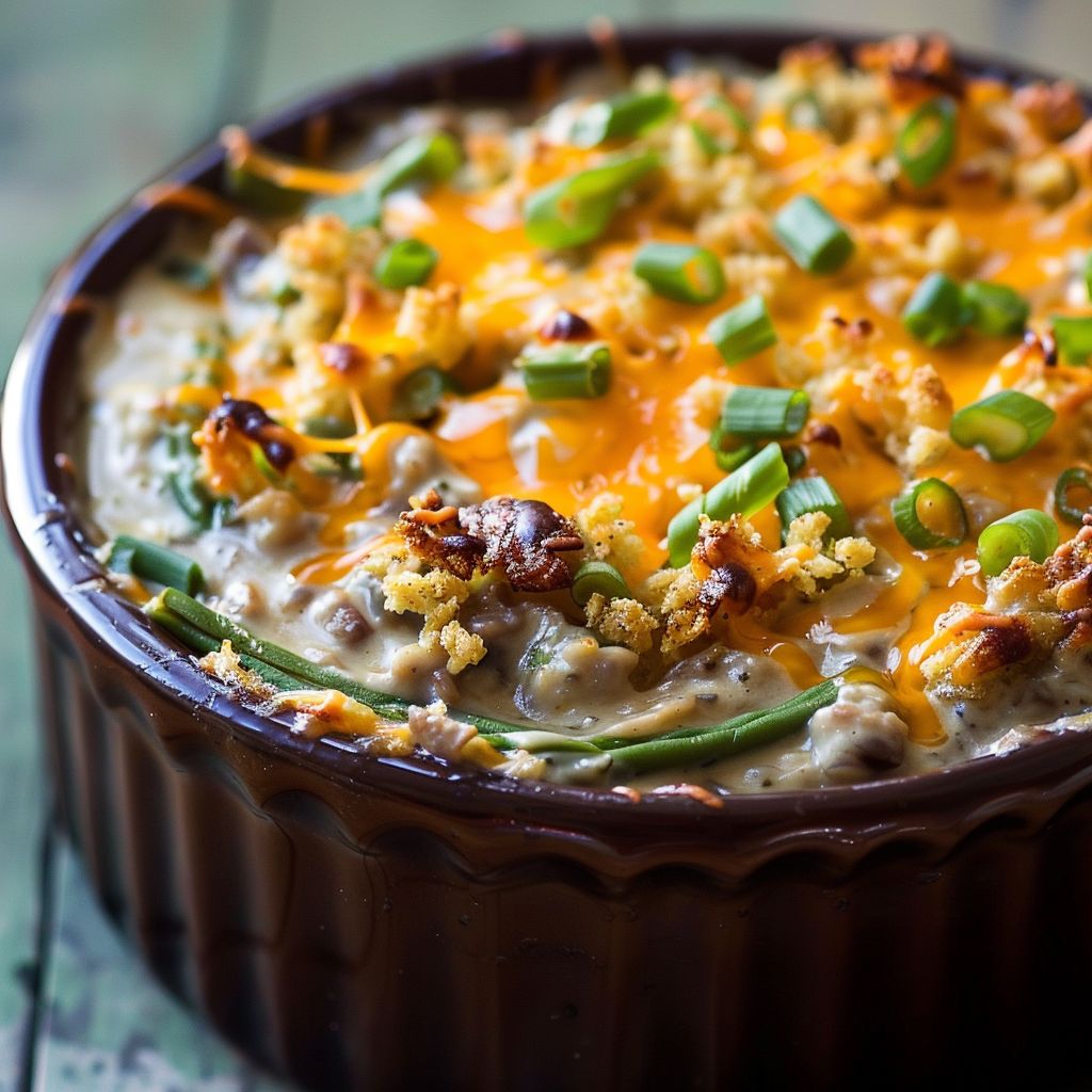 Close-up of Southern Green Bean Casserole in a baking dish, with crispy onions topping.